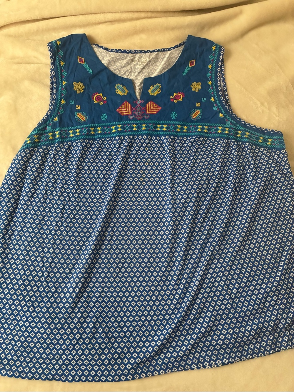 Kim Rogers Women Plus Size 3X Blue White Yellow Swing Top Shirt